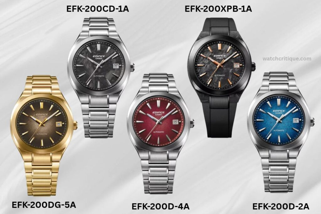 The Casio Casio Edifice EFK-200 Collection, 5 Variants. Forged carbon dial (Top) and Electroformed textured dial (Bottom).